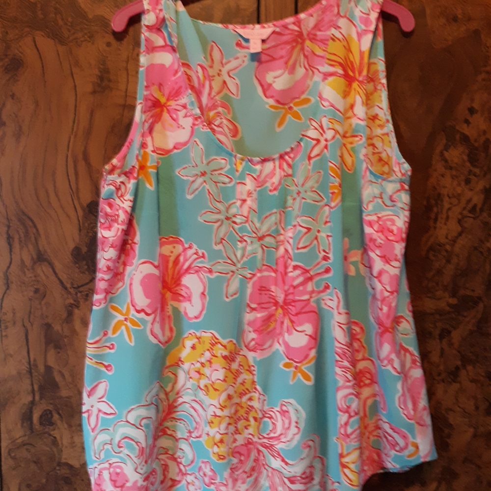 Lilly Pulitzer Aqua Floral Tank Top with Pink & Yellow Accents